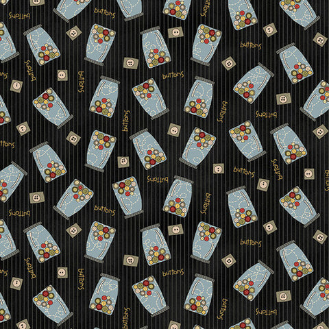 Pre Cut 1/2 yard S is for Sew Button Jars Black